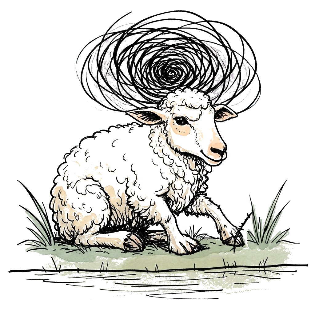 Watercolour illustration of Heryshaf lifting his hoof to inspect a thorn, with a swirling storm of anger building above his head