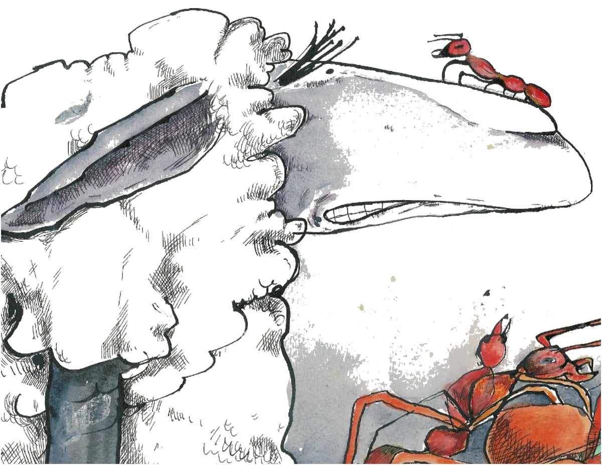 Ink and watercolour drawing of Krotex the red ant standing on Heryshaf's face