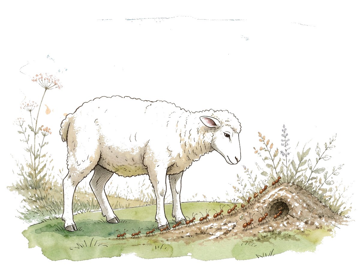 Watercolour illustration of Heryshaf looking down at a line of ants marching into their anthill