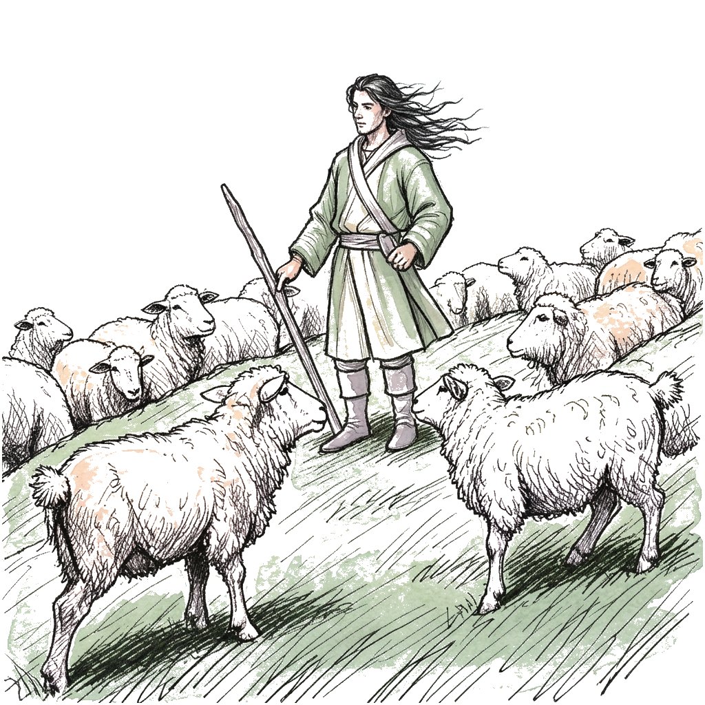 Ink sketch of the shepherd on a windswept hill among his flock, an old sheep raising its head