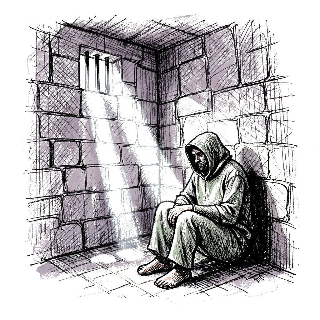 Ink sketch of the prisoner sitting in his stone cell, light falling through a barred window