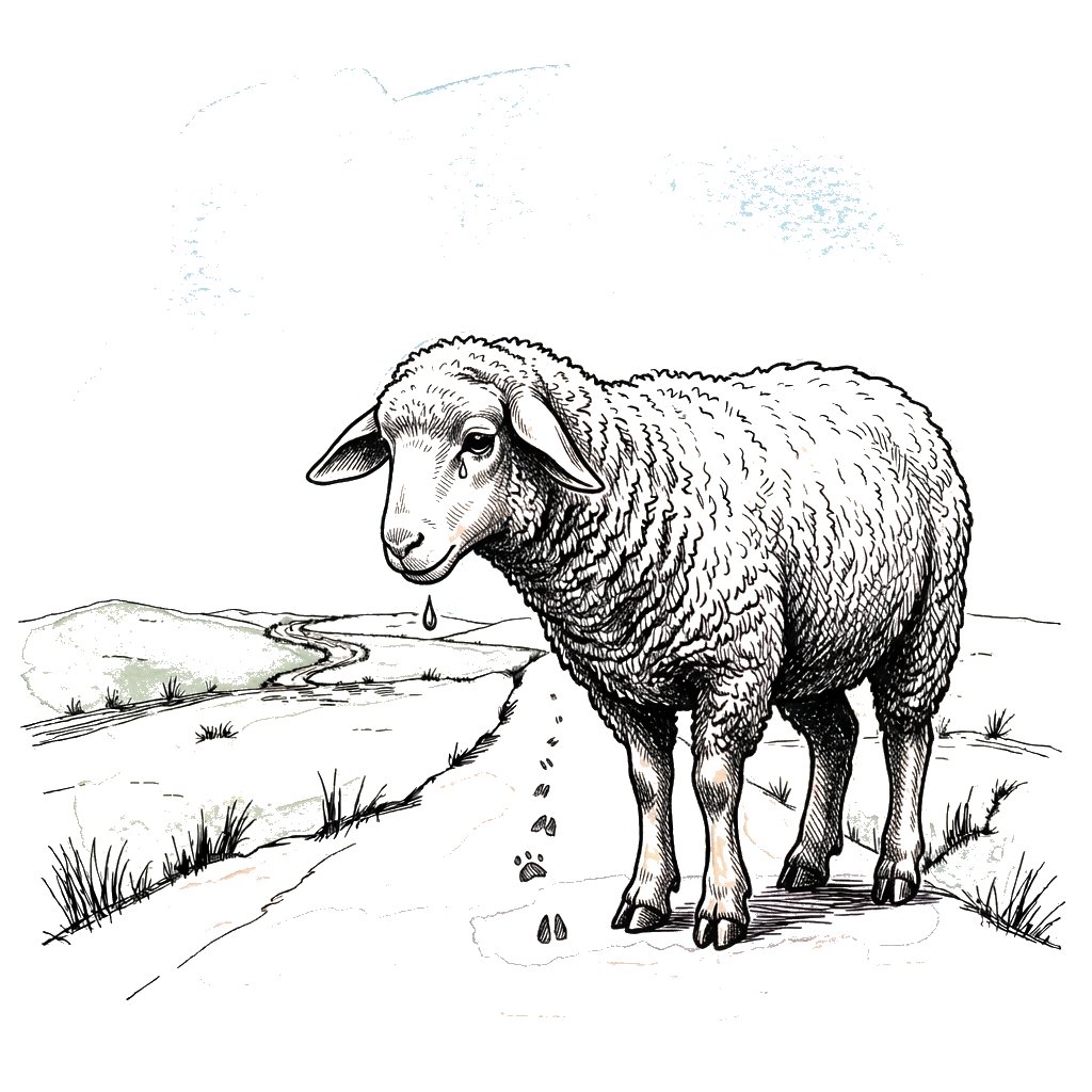 Watercolour illustration of a lone sheep at a crossroads, head bowed in doubt