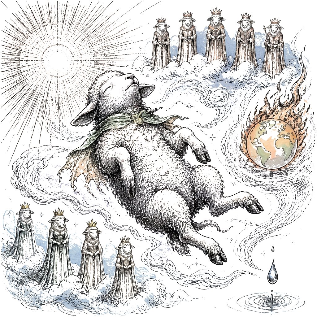Watercolour illustration of the dream: a floating sheep surrounded by crowned sheep kings and queens