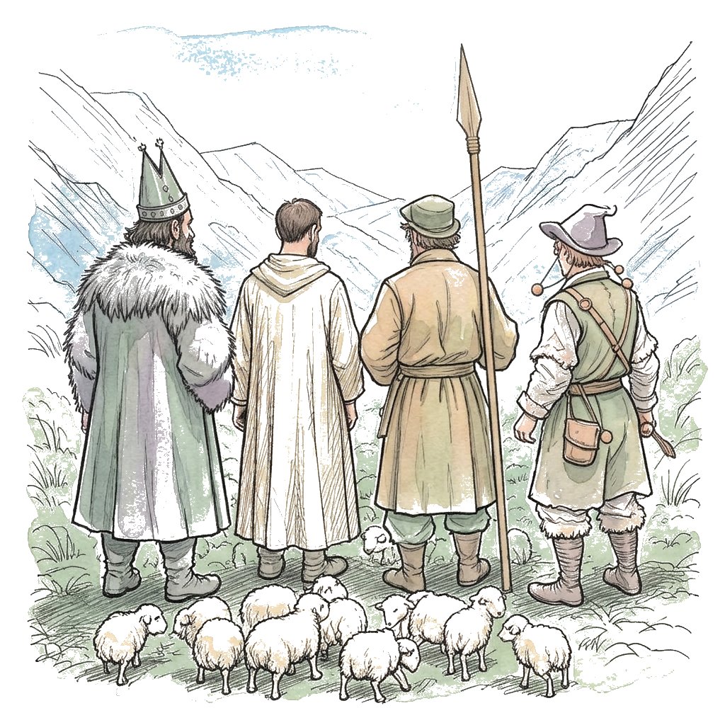 Ink sketch of the King, Priest, Guard and Jester standing over a flock of sheep