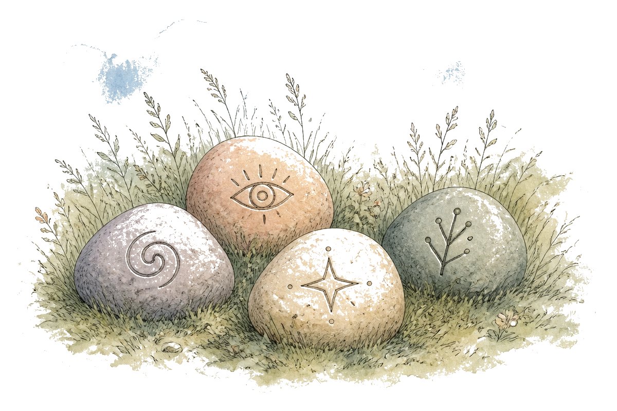 Watercolour illustration of four smooth stones in the grass, each engraved with a symbol representing the four secrets