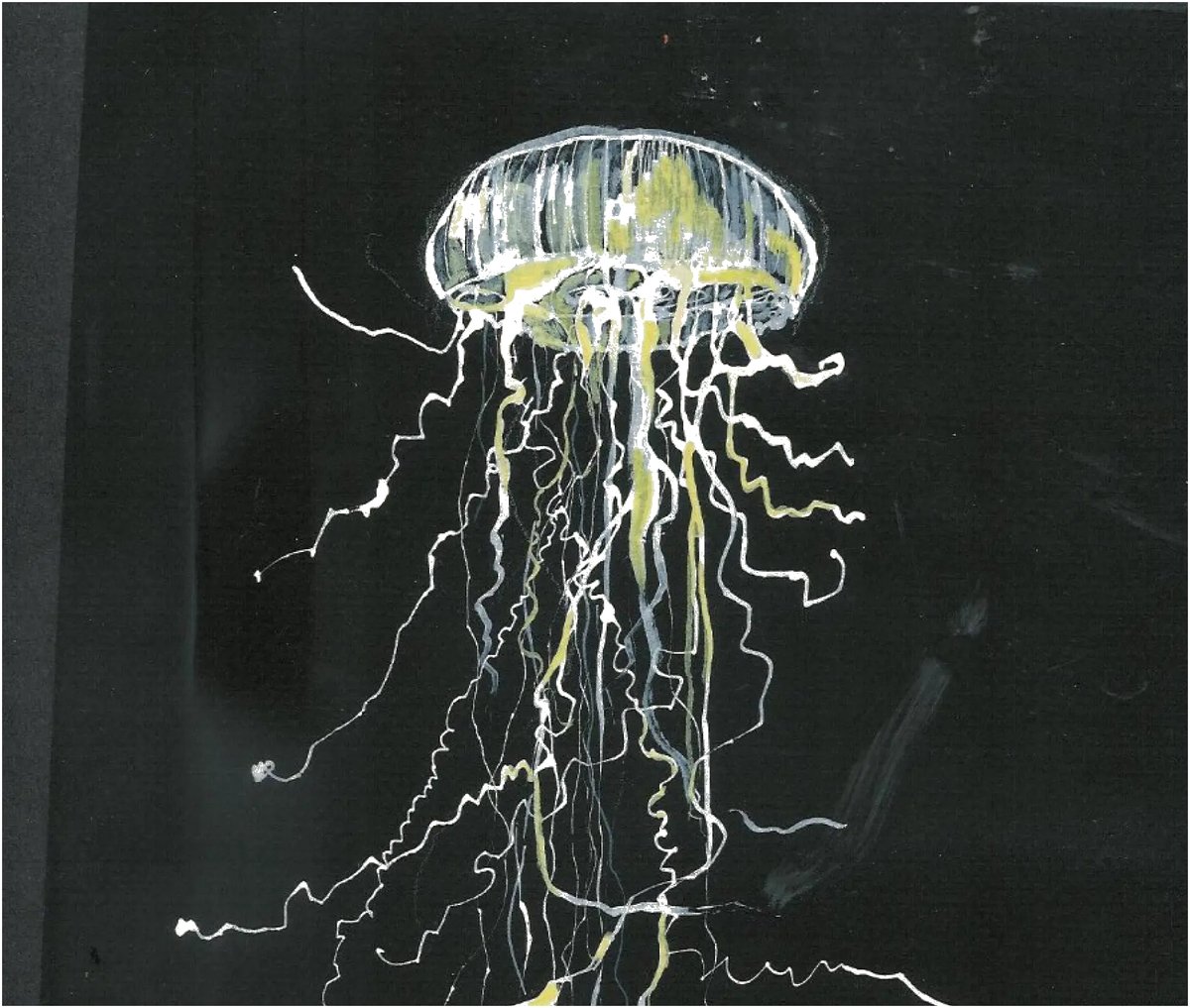 Illustration of Dorik the jellyfish on a dark background