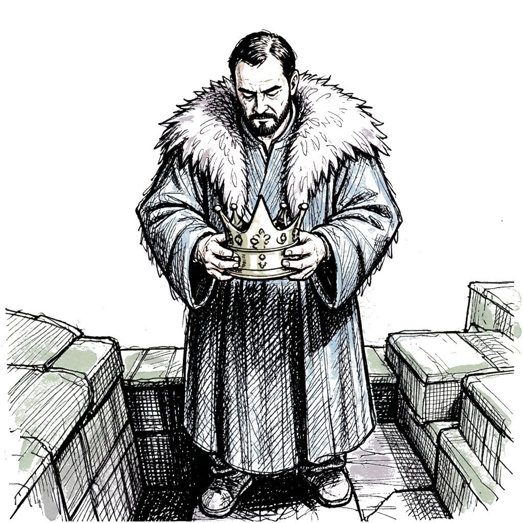 Ink sketch of the King bare-headed on the stone stairs, holding his heavy crown in his hands