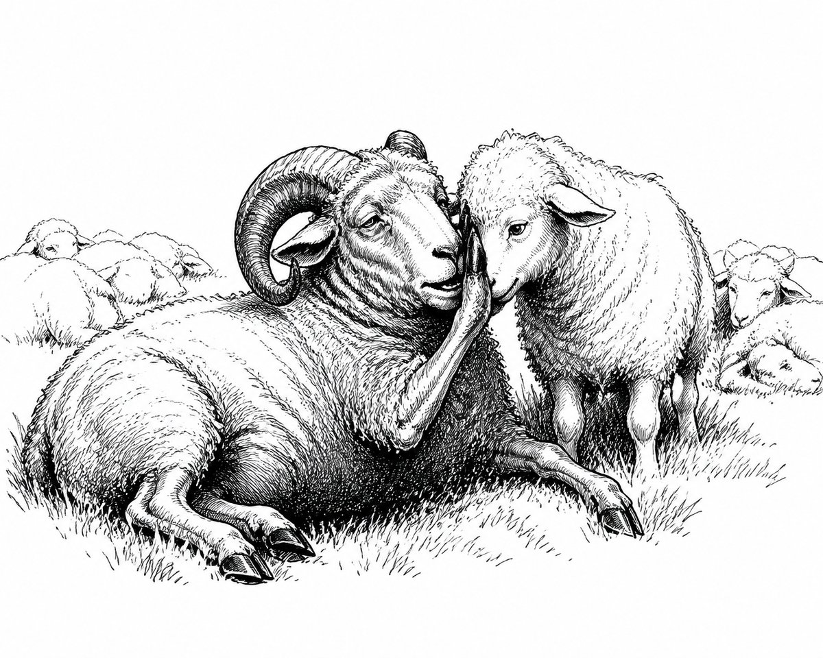 Ink sketch of the old ram whispering his final words to the young sheep