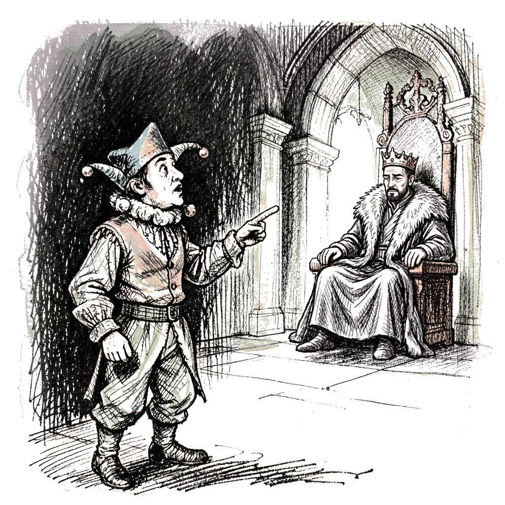 Ink sketch of the Jester pointing his question at the startled King on his throne