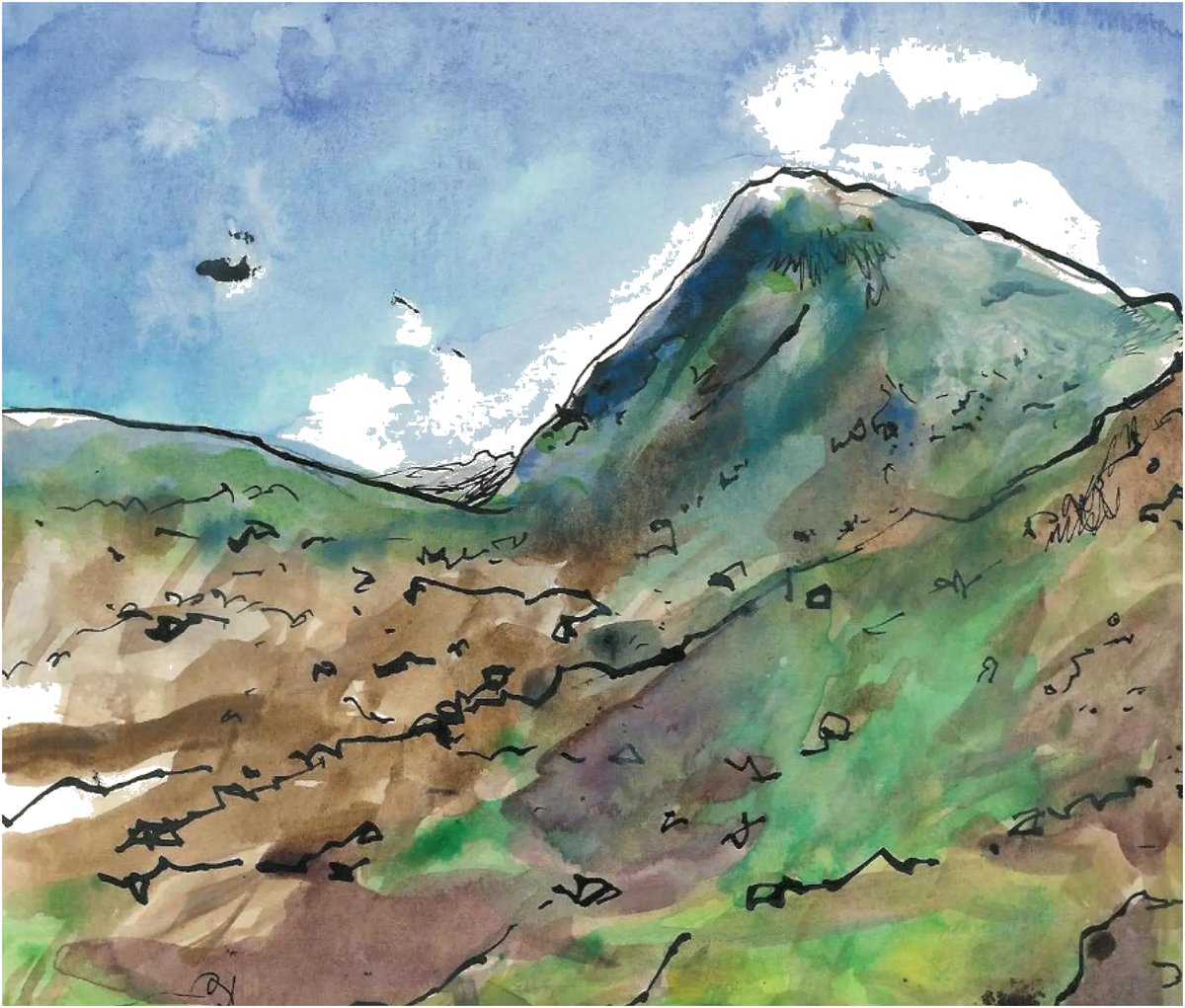 Watercolour illustration of the great green mountain