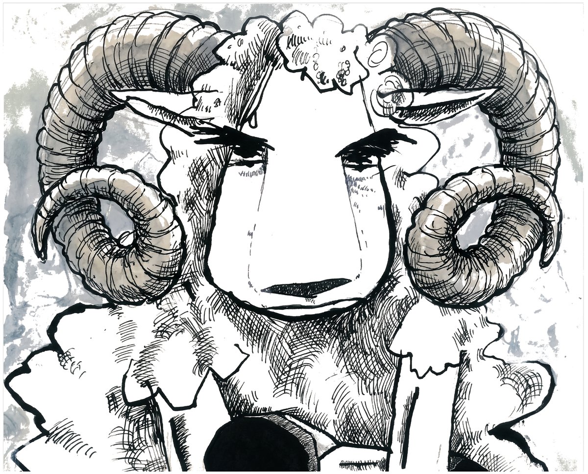 Ink and wash drawing of mighty Ordok, the horned chief of all Sheepdom