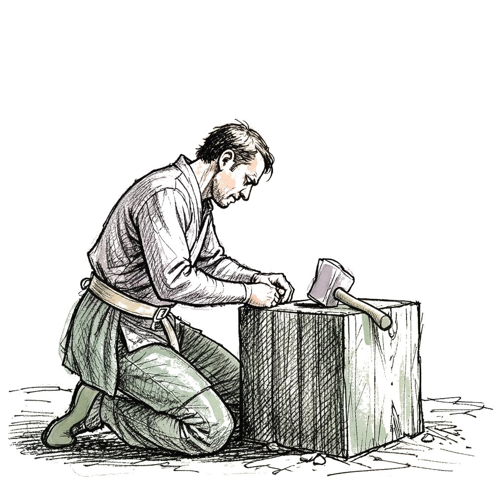 Ink sketch of the prisoner kneeling calmly at the block, the axe resting untouched beside him
