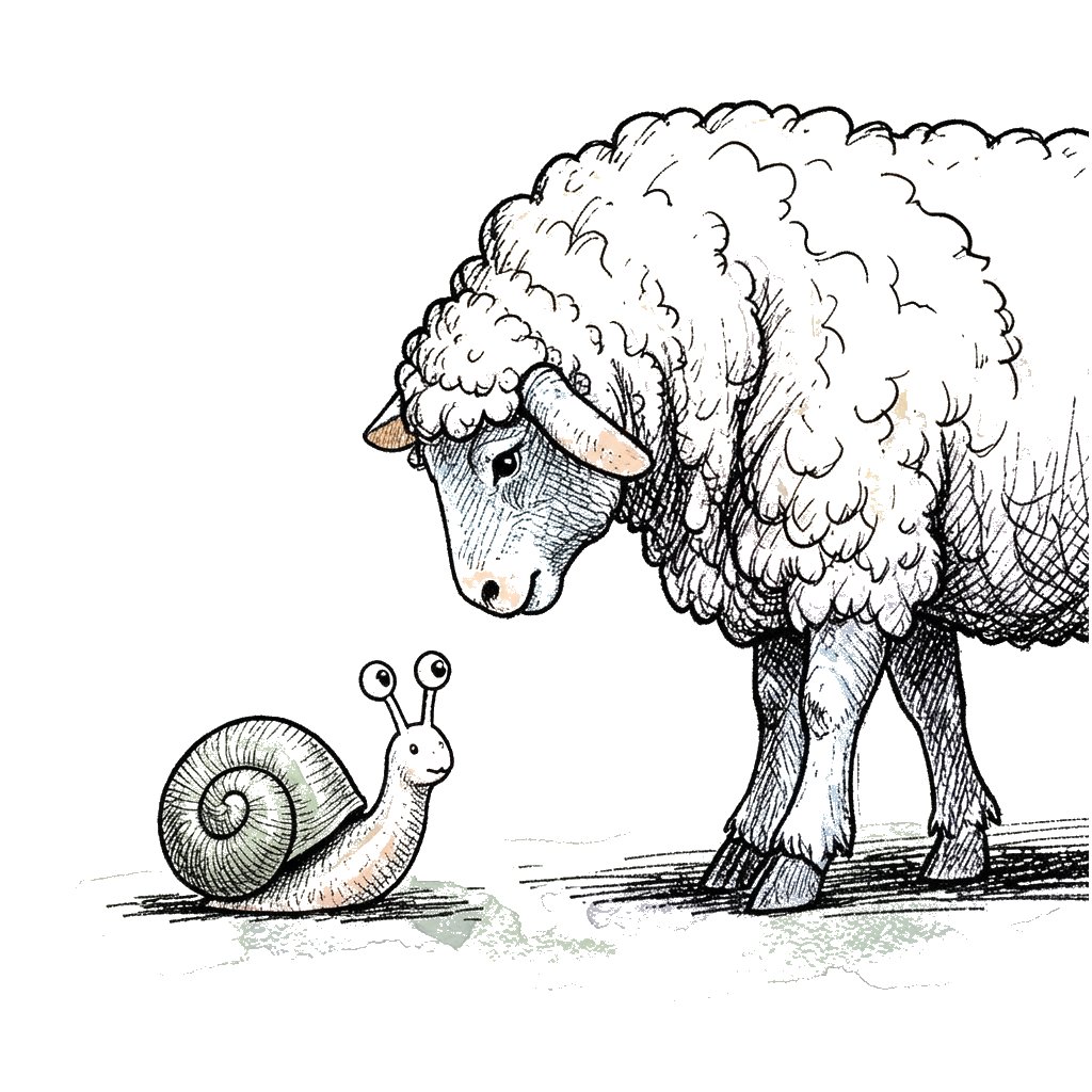 Ink sketch of Paulo the snail looking up at Heryshaf the sheep, who lowers his head to listen