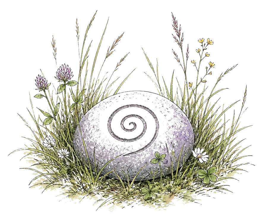 A pale stone in the grass, carved with a spiral — the still centre within