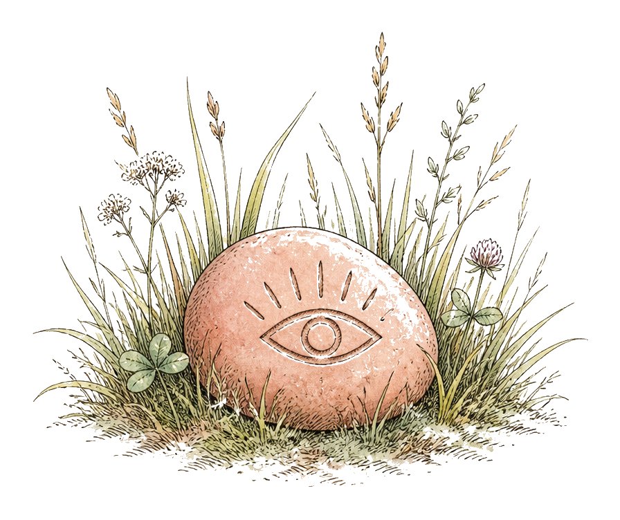 A stone in the grass, carved with an open eye — seeing clearly and testing what is true