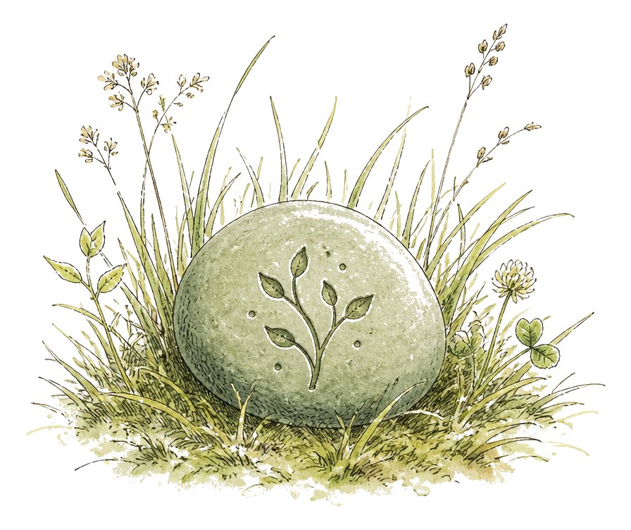 A green stone in the grass, carved with a sprouting seedling — curiosity growing into the unknown