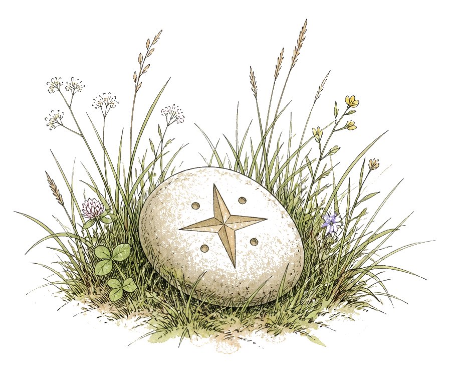 A sand-coloured stone in the grass, carved with a four-pointed compass star — knowing where you are going