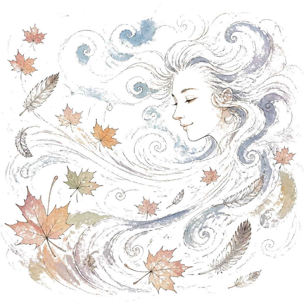 Ink sketch of the Wind, swirling air carrying leaves and feathers